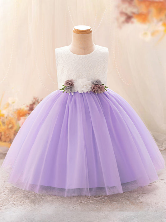 Cute A-Line Lace & Tulle Tea Length Dress with Flowers for Girls (3-8Y)