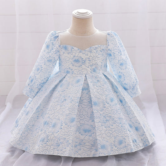 Light Blue Floral Satin Baby Dress – Cute A-Line Tea Length for Parties & Weddings