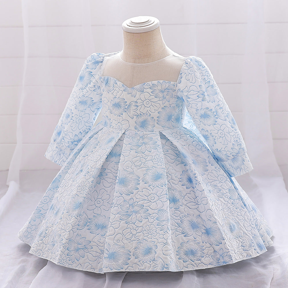 Light Blue Floral Satin Baby Dress – Cute A-Line Tea Length for Parties & Weddings