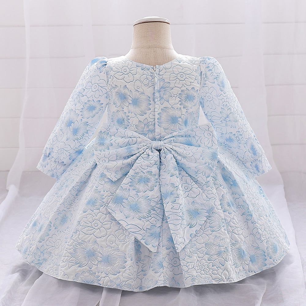 Light Blue Floral Satin Baby Dress – Cute A-Line Tea Length for Parties & Weddings