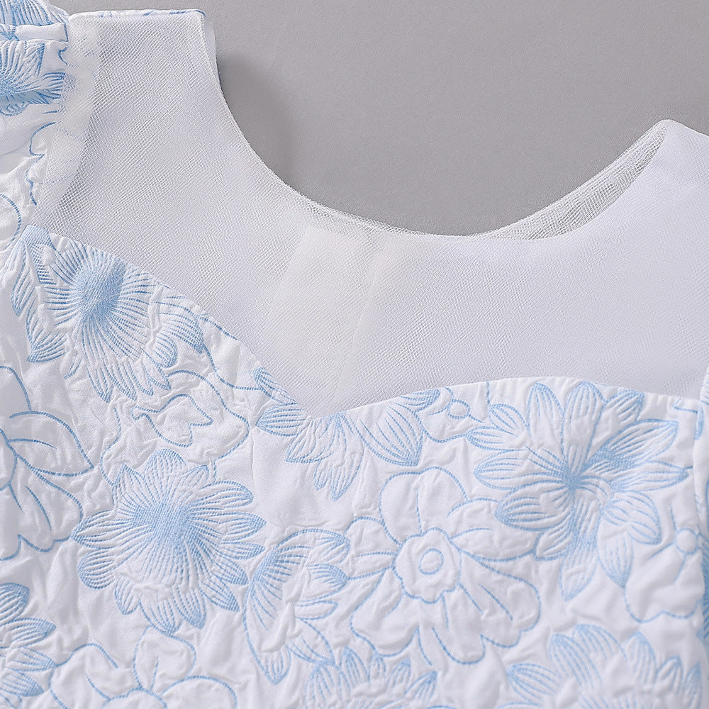 Light Blue Floral Satin Baby Dress – Cute A-Line Tea Length for Parties & Weddings