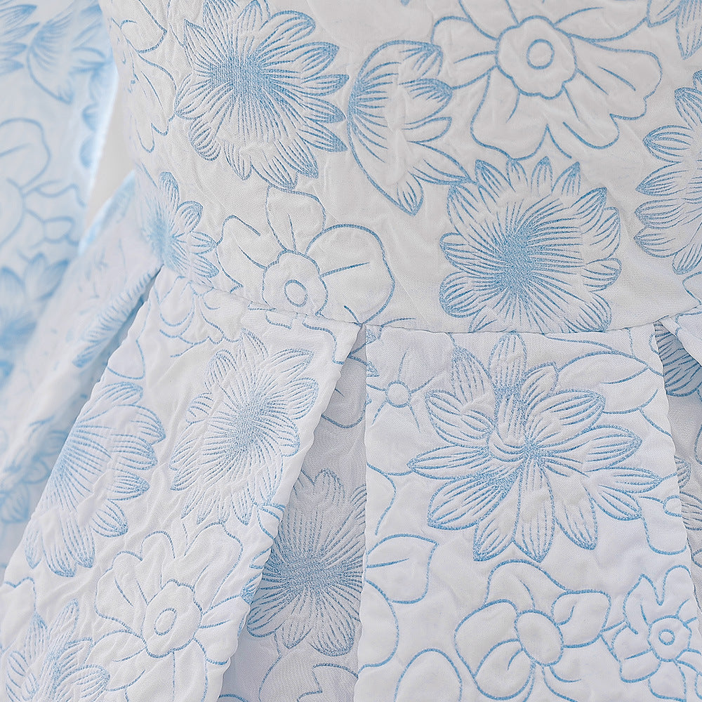 Light Blue Floral Satin Baby Dress – Cute A-Line Tea Length for Parties & Weddings