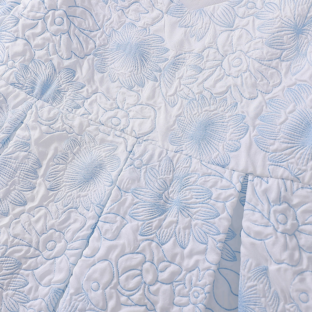Light Blue Floral Satin Baby Dress – Cute A-Line Tea Length for Parties & Weddings