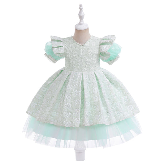 Light Green A-Line Princess Dress for Girls | Puff Sleeve Flower Girl Outfit