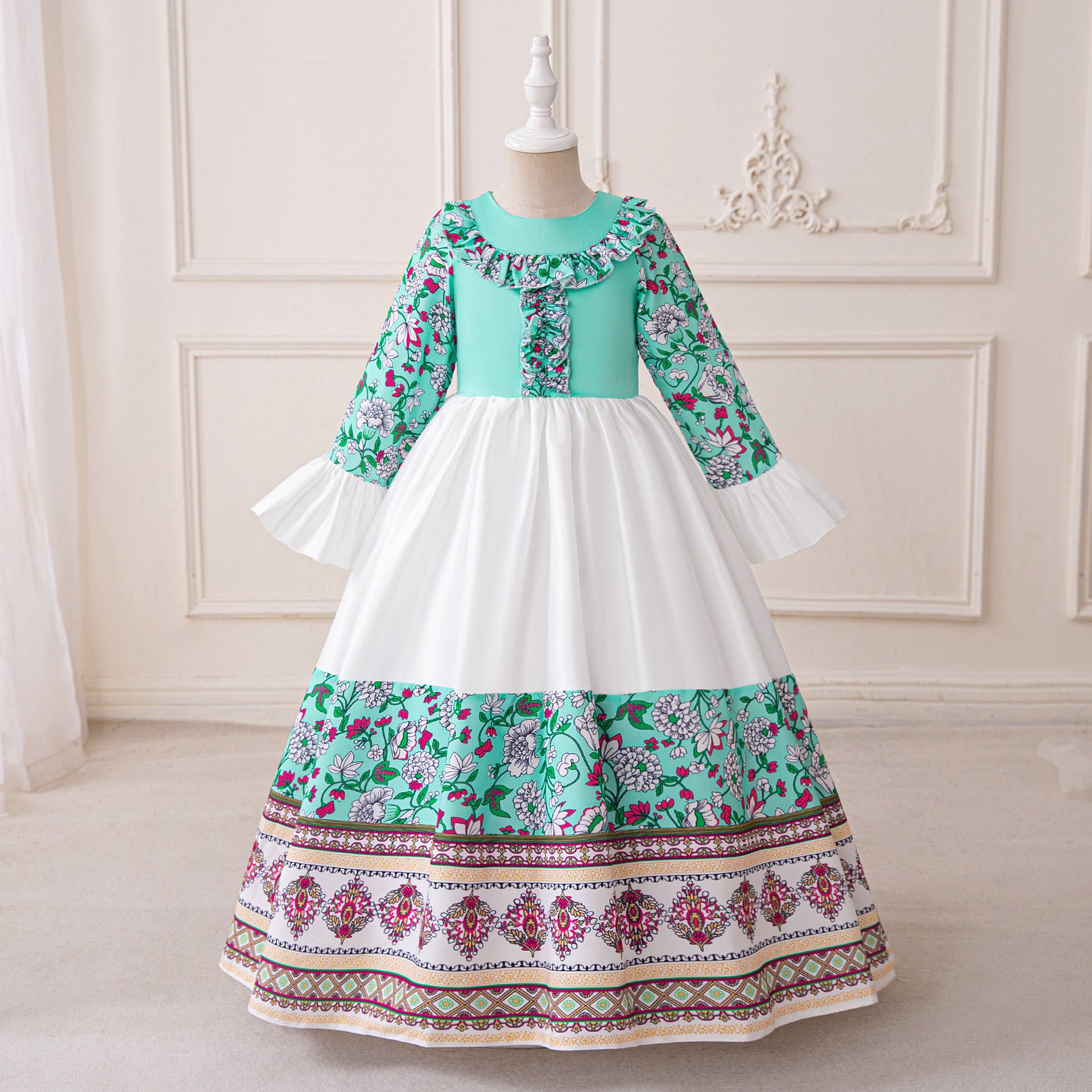 Light Green Floral Print Maxi Dress for Girls – Cute A-line Party & Flower Girl Gown