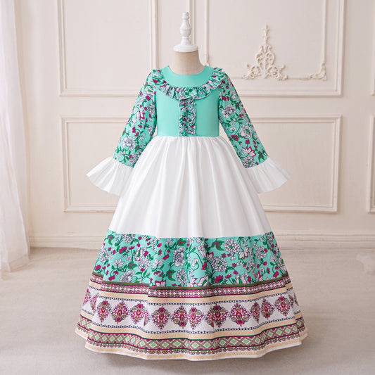 Light Green Floral Print Maxi Dress for Girls – Cute A-line Party & Flower Girl Gown