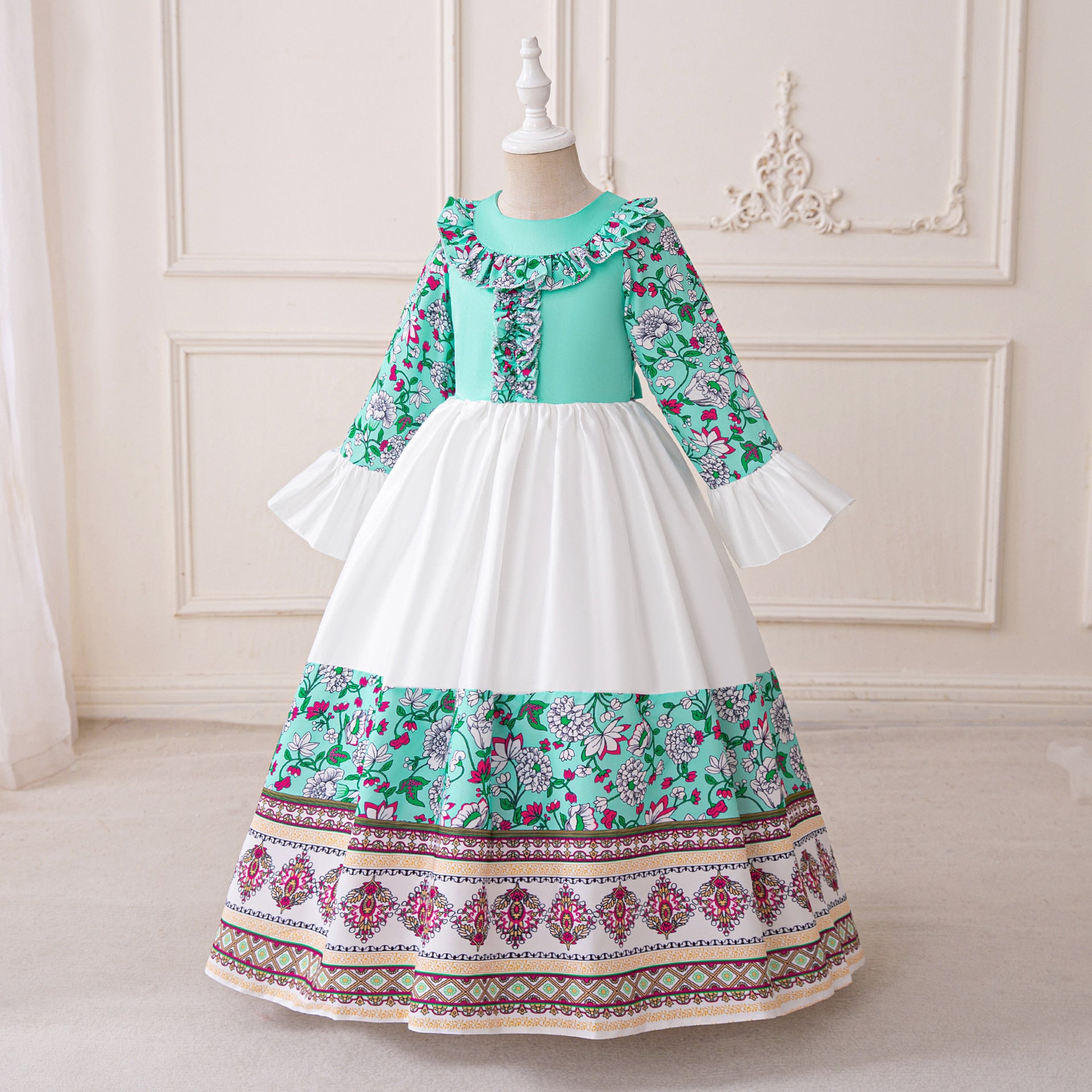 Light Green Floral Print Maxi Dress for Girls – Cute A-line Party & Flower Girl Gown
