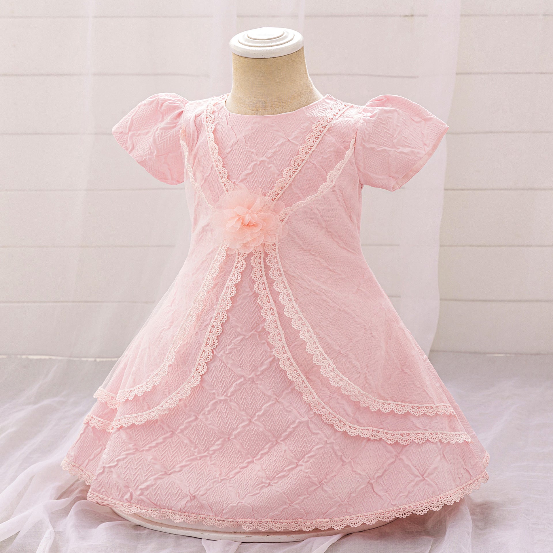 Light Pink A-Line Puff Sleeve Flower Girl Dress | Princess Party Dress for Girls
