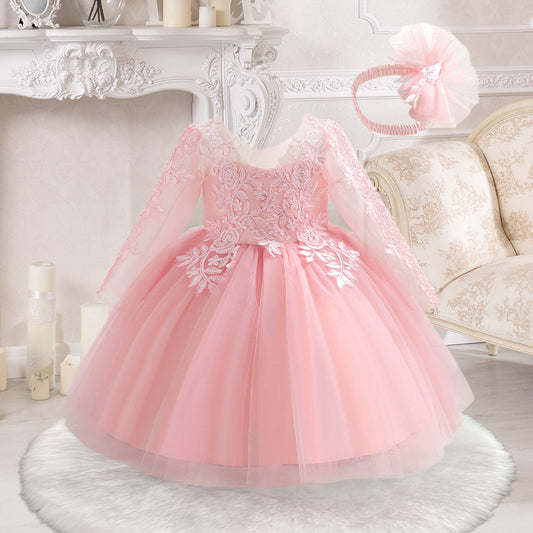 Light Pink Long Sleeve Tulle Princess Dress for Girls – Cute A-Line Tea Length