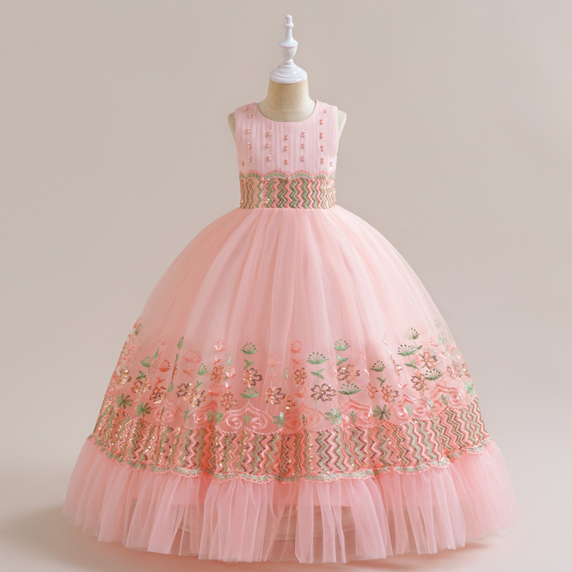Light Pink Maxi Princess Dress for Girls with Sequins & Embroidery | Age 5-13