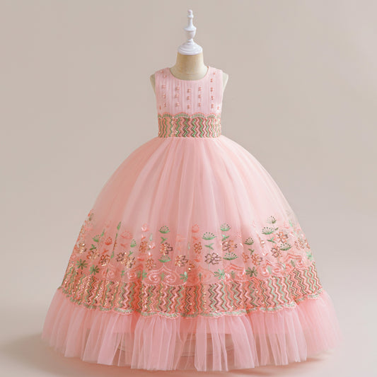 Light Pink Maxi Princess Dress for Girls with Sequins & Embroidery | Age 5-13