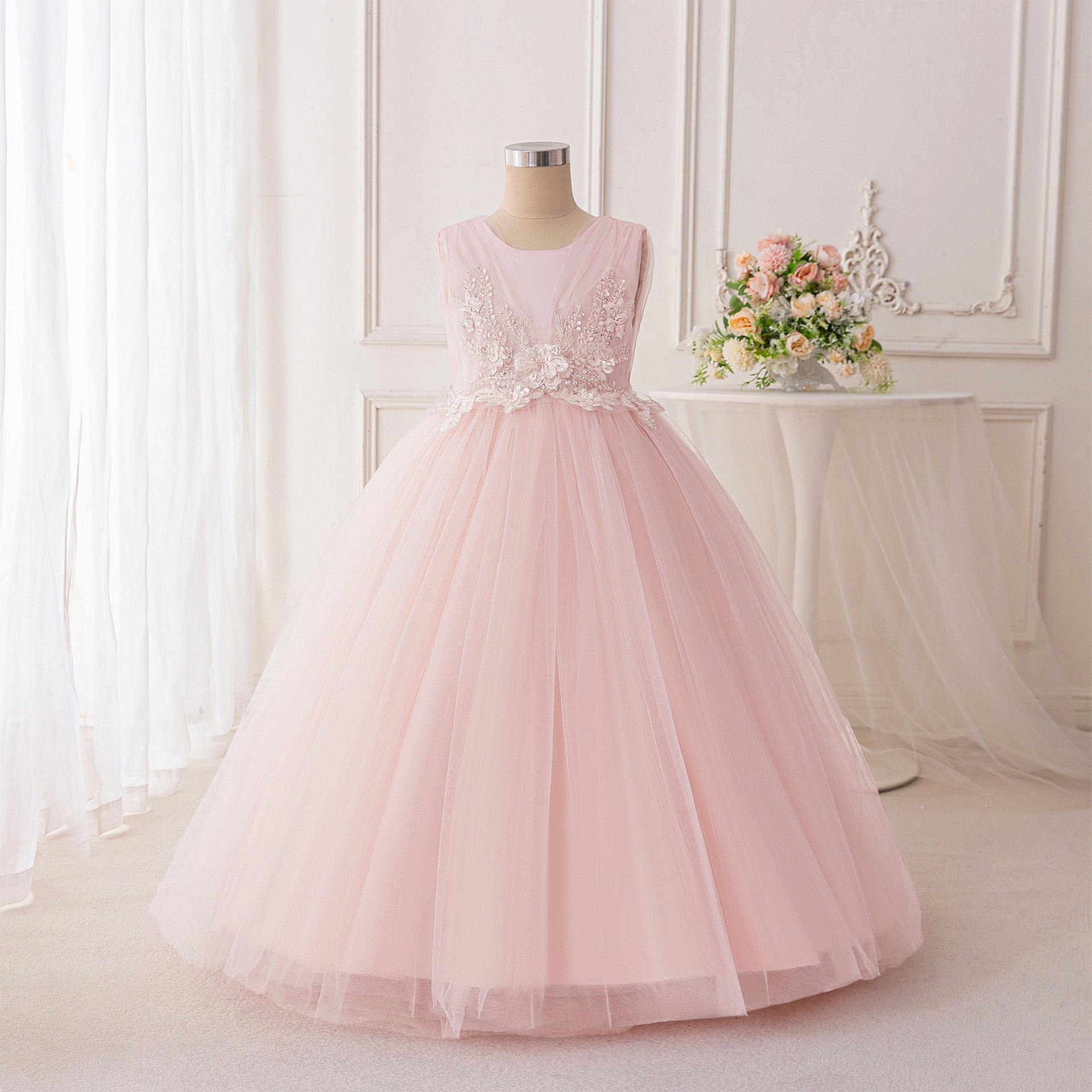 Light Pink Tulle Maxi Dress for Girls - Sequin Princess A-line Gown