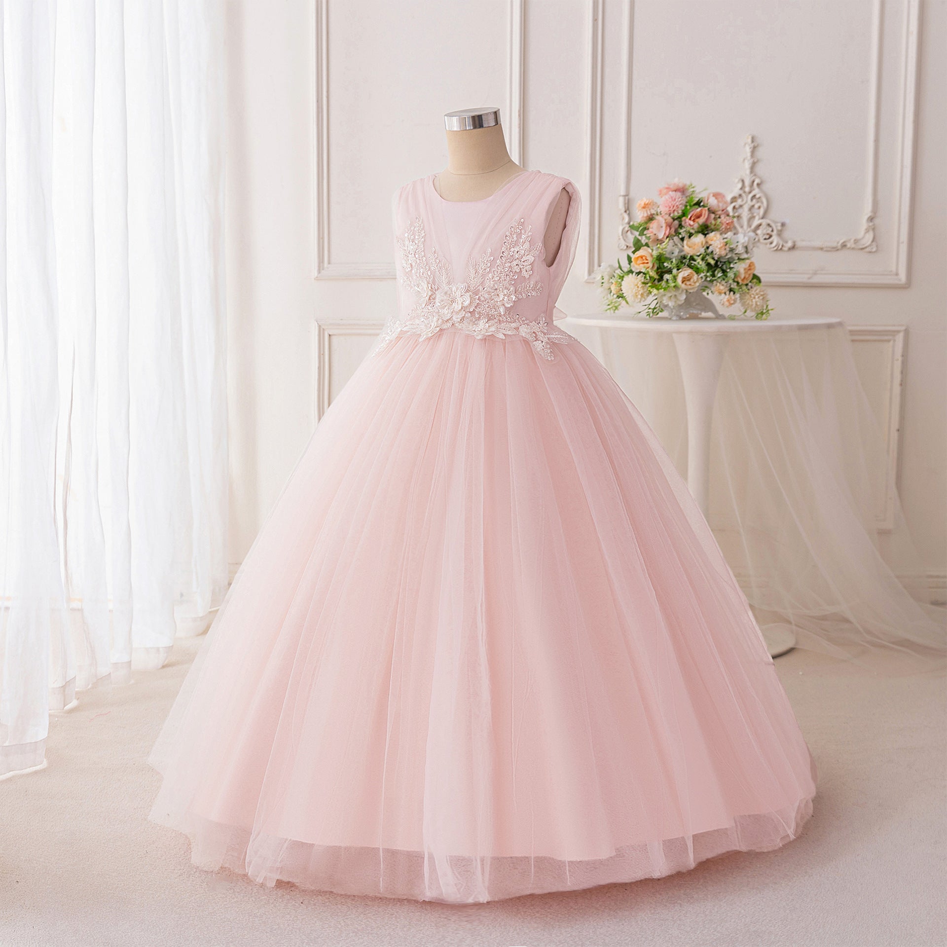 Light Pink Tulle Maxi Dress for Girls - Sequin Princess A-line Gown