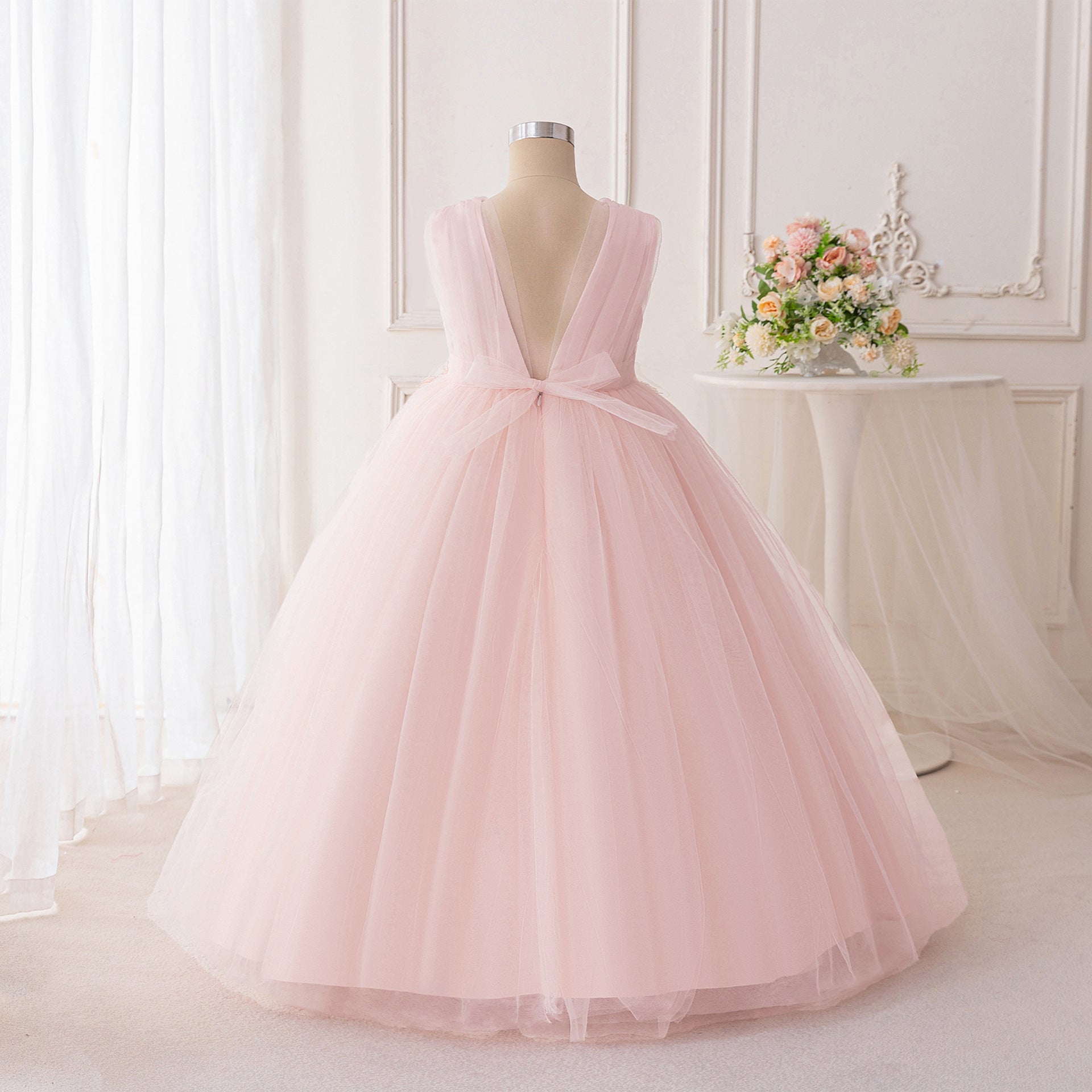 Light Pink Tulle Maxi Dress for Girls - Sequin Princess A-line Gown
