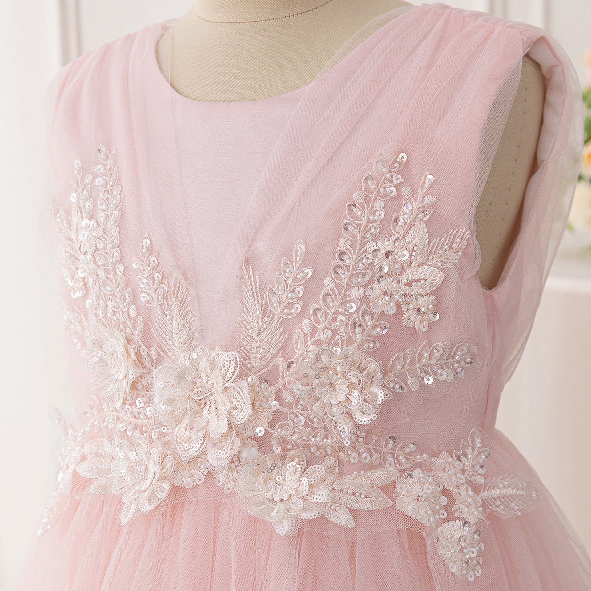 Light Pink Tulle Maxi Dress for Girls - Sequin Princess A-line Gown