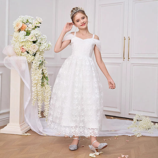 White Off Shoulder Lace Tulle Flower Girl Dress for Girls 5-13 | Princess Party & Communion Gown