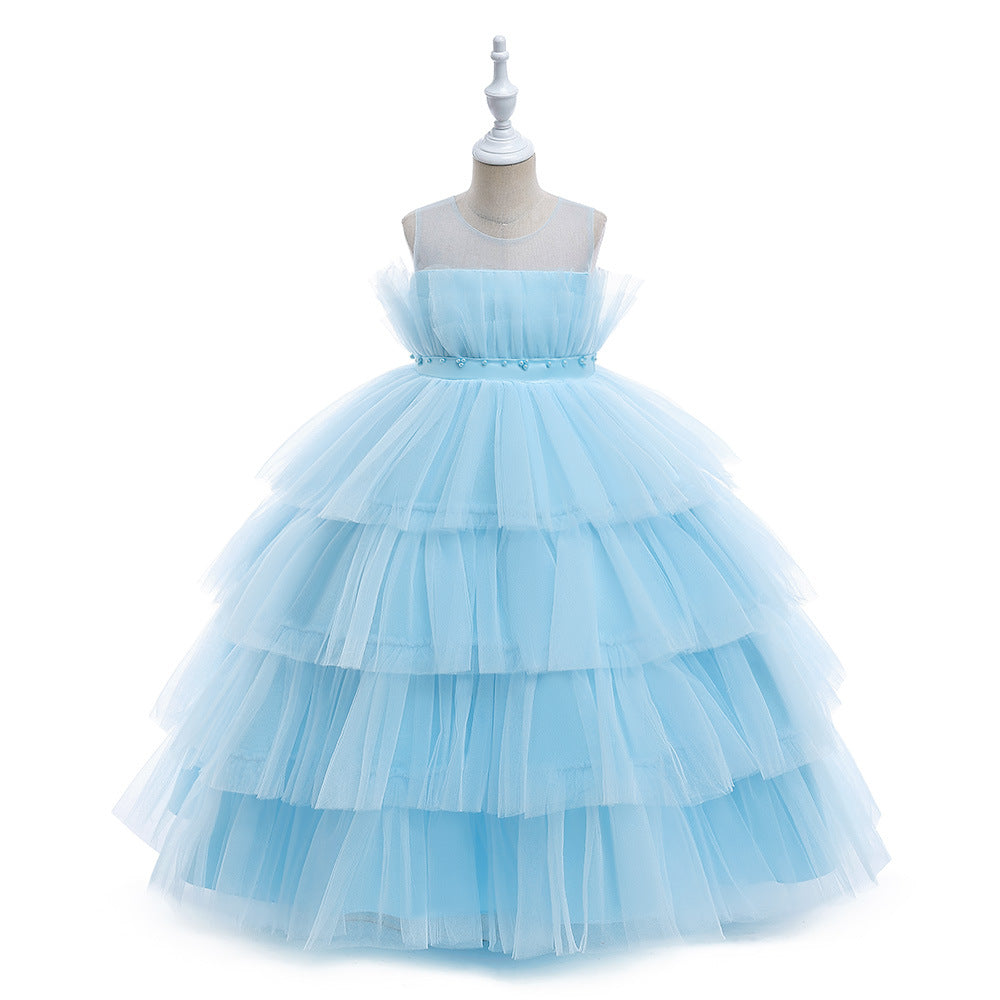 Cute Off Shoulder A-Line Maxi Mesh Dress for Girls | Layered Princess Gown