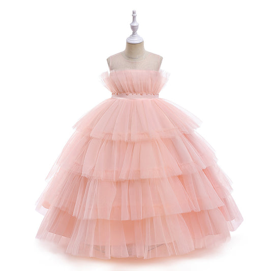 Cute Off Shoulder A-Line Maxi Mesh Dress for Girls | Layered Princess Gown