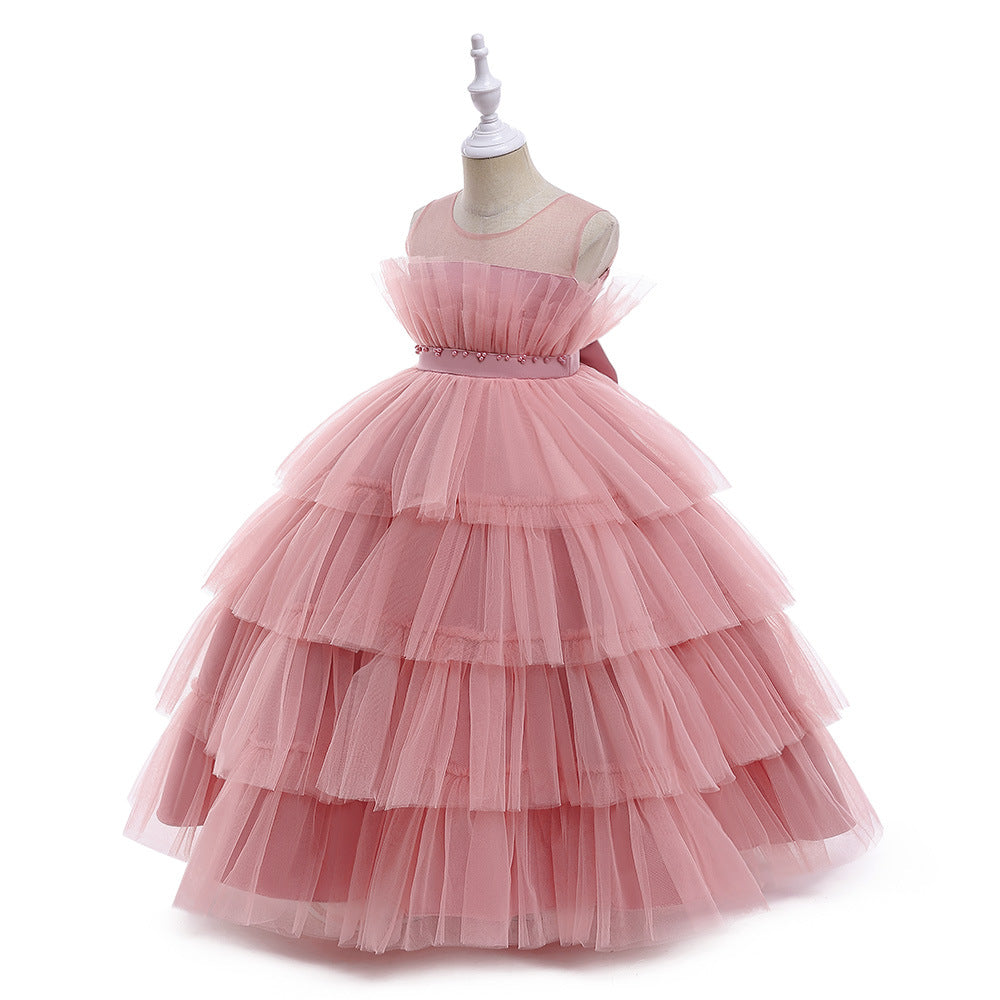 Cute Off Shoulder A-Line Maxi Mesh Dress for Girls | Layered Princess Gown