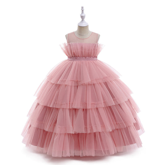 Cute Off Shoulder A-Line Maxi Mesh Dress for Girls | Layered Princess Gown