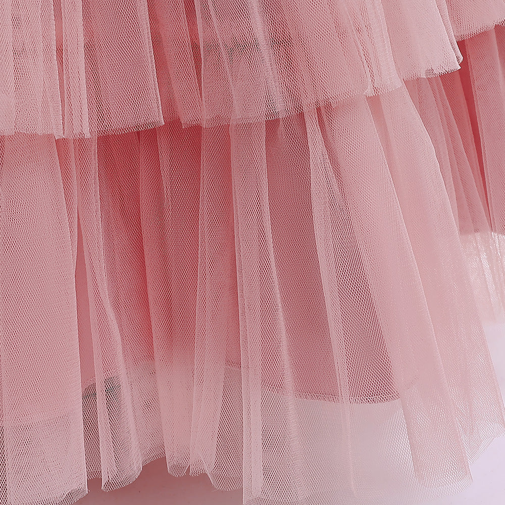 Cute Off Shoulder A-Line Maxi Mesh Dress for Girls | Layered Princess Gown