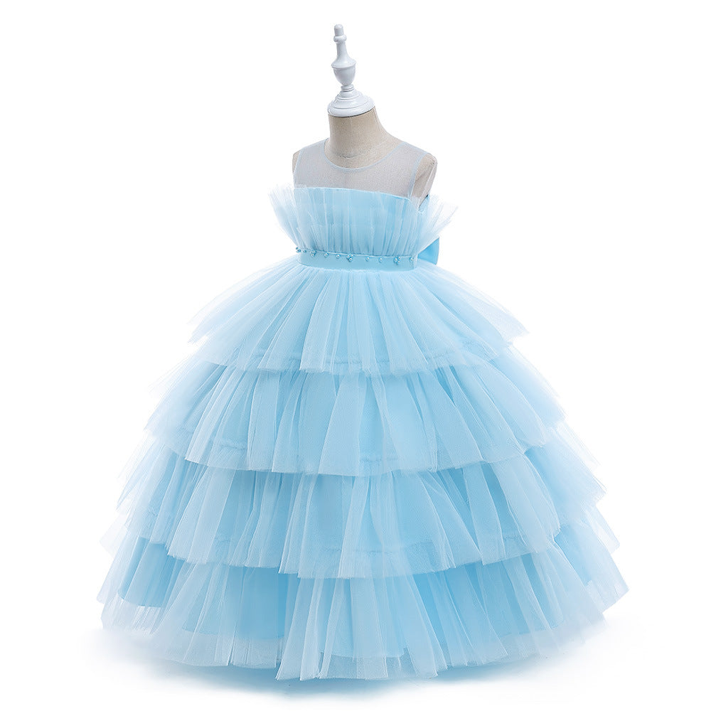Cute Off Shoulder A-Line Maxi Mesh Dress for Girls | Layered Princess Gown