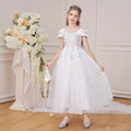Cute Off Shoulder A-line White Tulle Party Dress for Kids