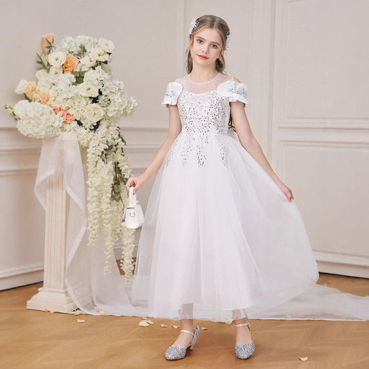 Cute Off Shoulder White Tulle A-line Dress for Girls 5-13 | Princess Party & Flower Girl Dress