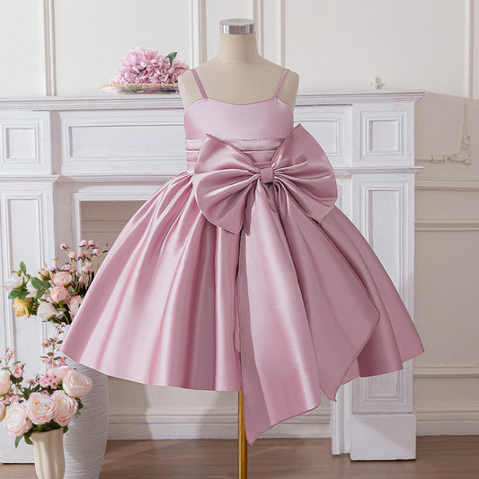 Cute Satin Off-Shoulder Bowknot Princess Dress for Girls, Tea Length
