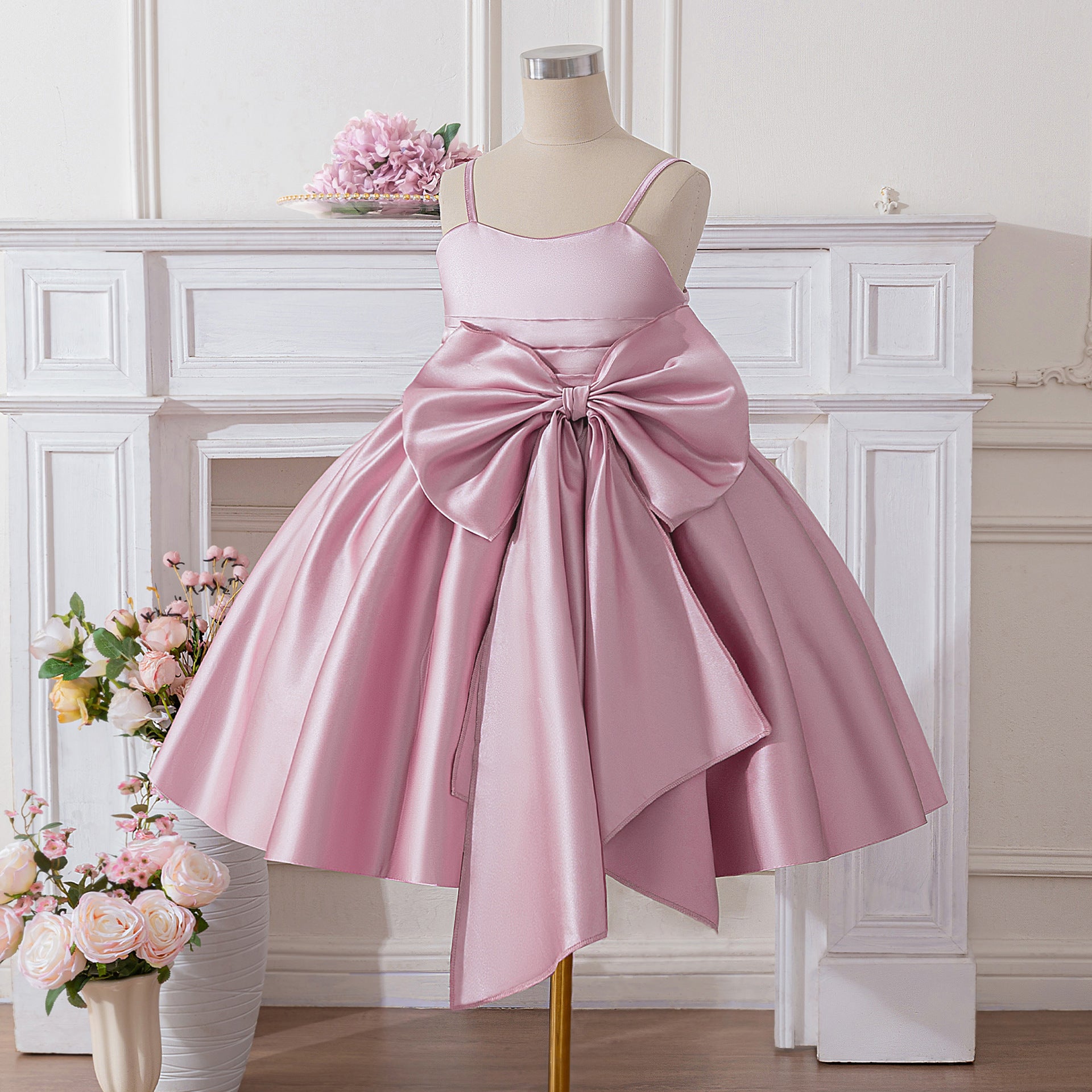 Cute Satin Off-Shoulder Bowknot Princess Dress for Girls, Tea Length