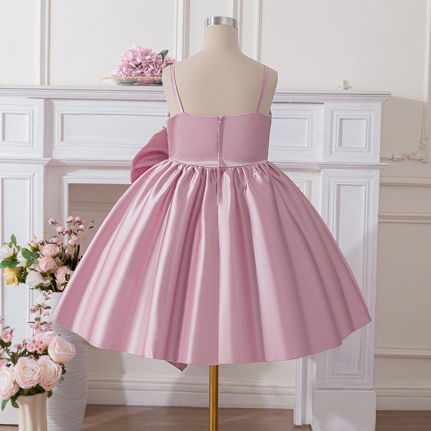 Cute Satin Off-Shoulder Bowknot Princess Dress for Girls, Tea Length