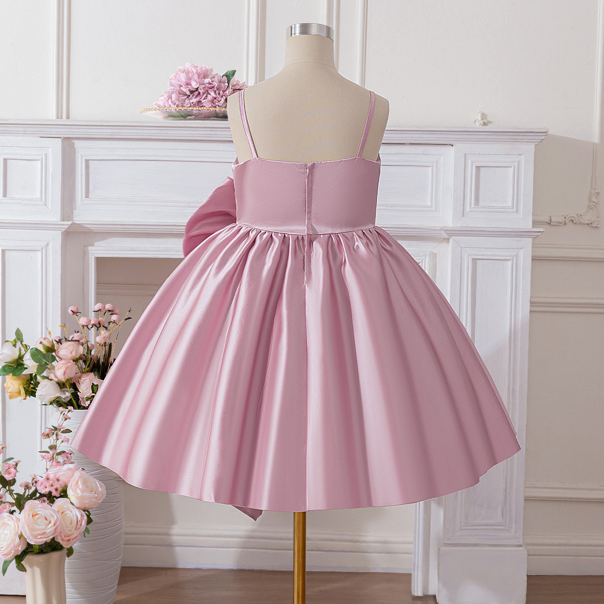 Cute Satin Off-Shoulder Bowknot Princess Dress for Girls, Tea Length