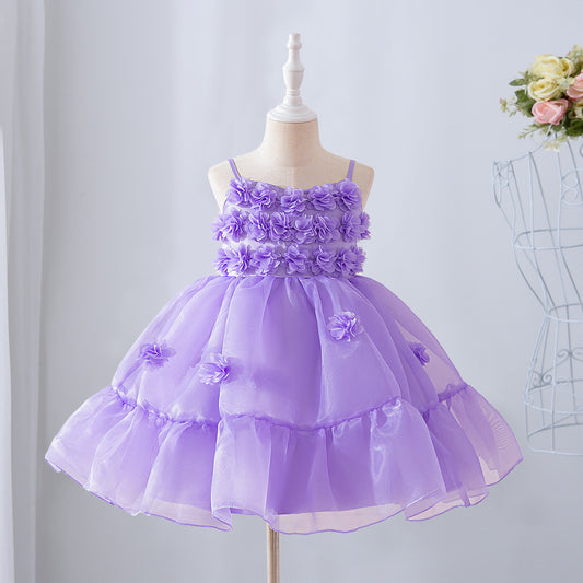 Purple Off-Shoulder Mesh Princess Dress with 3D Appliqué for Girls (Ages 3-10)