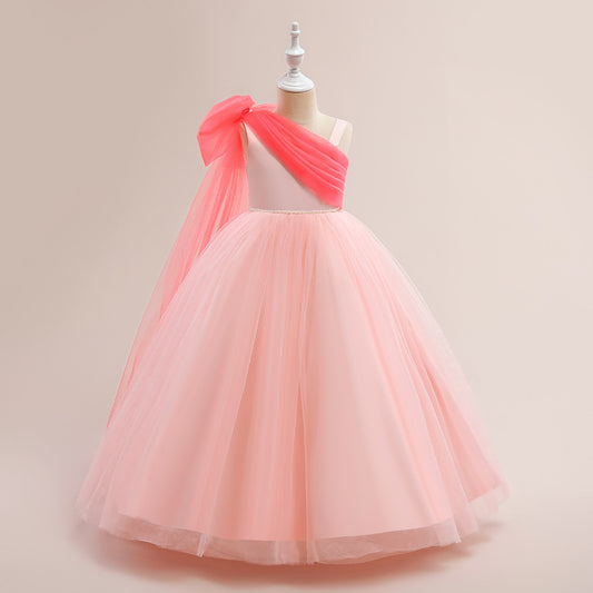 Light Pink Off-Shoulder A-Line Satin Tulle Ruffle Maxi Dress for Girls | Party, Wedding & Photoshoot