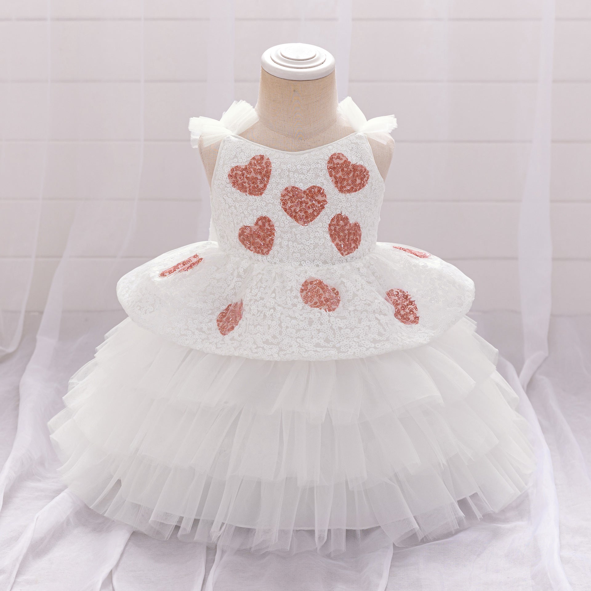 Frocklet Off-Shoulder Puffy Ball Gown Dress for Toddlers – White Sequin Tea-Length Party Dress 1