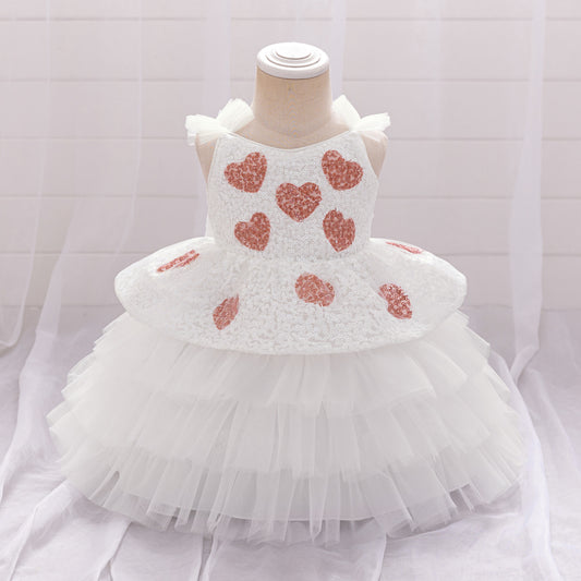 Off-Shoulder Puffy Ball Gown Dress for Toddlers – White Sequin Tea-Length Party Dress