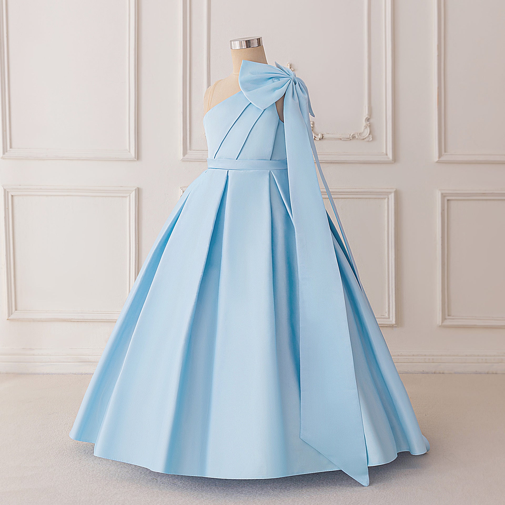 Cute Light Blue Off-Shoulder Satin Maxi Dress with Bow for Girls (Ages 5-13)