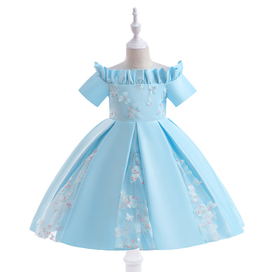 Girls' Off Shoulder Satin Princess Dress – Ruffle & Flower Tea Length Party Gown