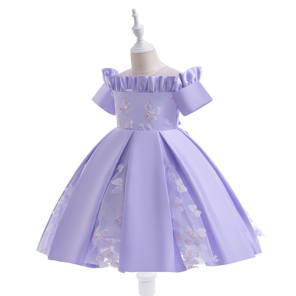 Girls' Off Shoulder Satin Princess Dress – Ruffle & Flower Tea Length Party Gown