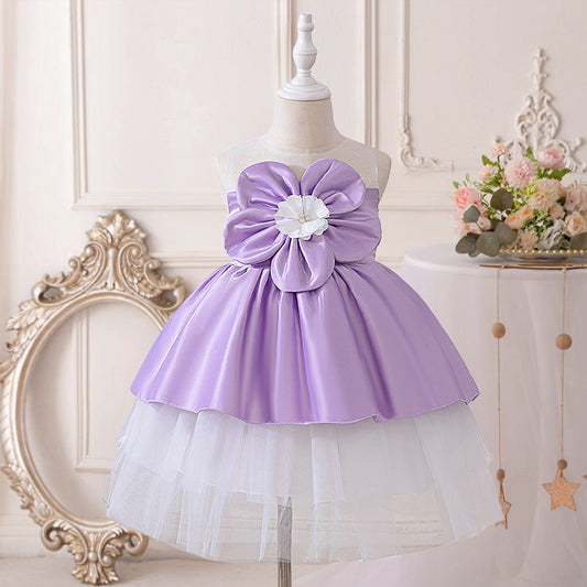 Purple Off Shoulder Tiered Satin Dress for Girls, Tea Length Party & Wedding