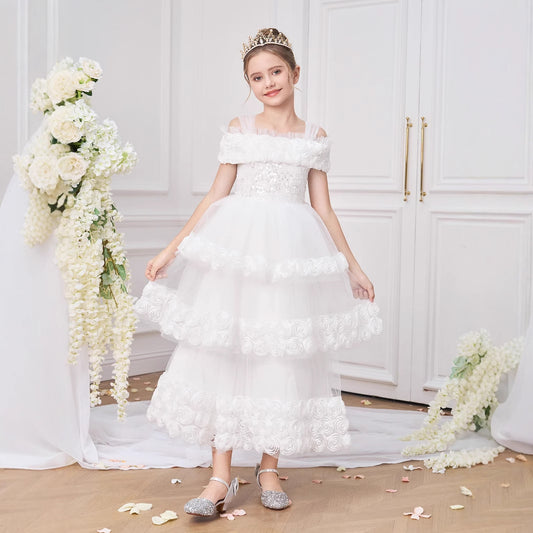 Off Shoulder Tiered Tulle Princess Dress for Girls - Maxi White Formal Gown