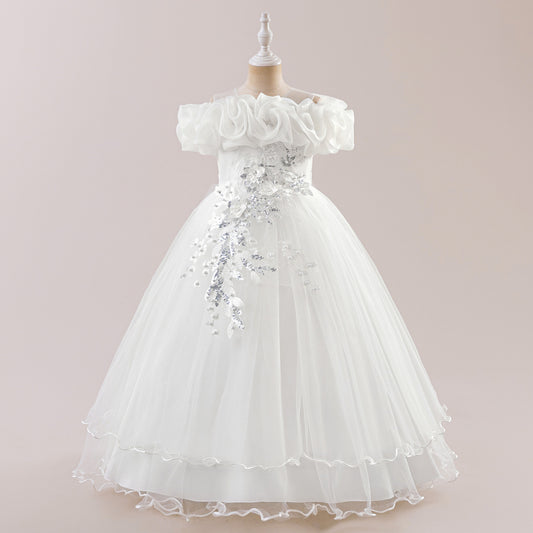 Off Shoulder A-line Tulle Princess Dress for Girls | Maxi Flower Girl Gown