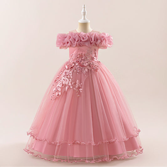 Off Shoulder A-line Tulle Princess Dress for Girls | Maxi Flower Girl Gown