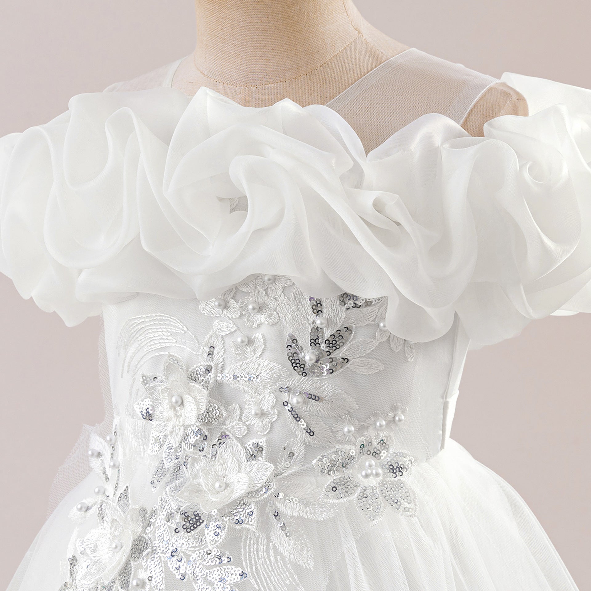 Off Shoulder A-line Tulle Princess Dress for Girls | Maxi Flower Girl Gown