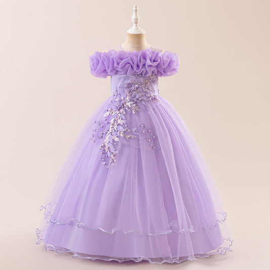 Off Shoulder A-line Tulle Princess Dress for Girls | Maxi Flower Girl Gown