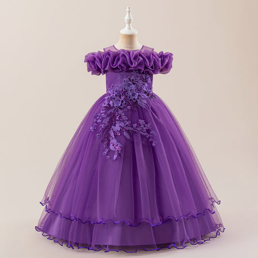 Off Shoulder A-line Tulle Princess Dress for Girls | Maxi Flower Girl Gown