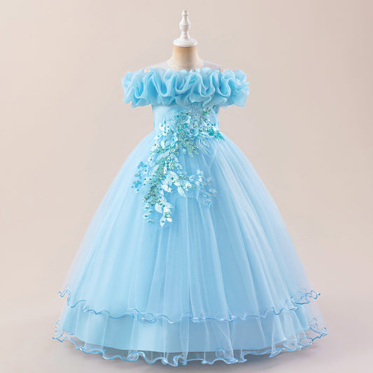 Off Shoulder A-line Tulle Princess Dress for Girls | Maxi Flower Girl Gown