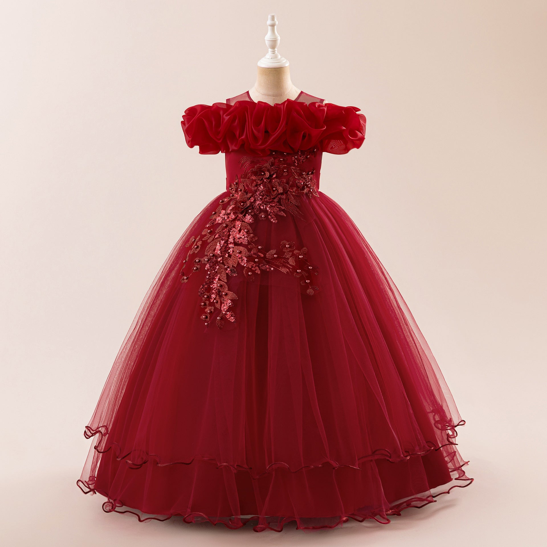 Off Shoulder A-line Tulle Princess Dress for Girls | Maxi Flower Girl Gown