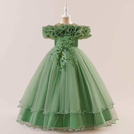 Off Shoulder A-line Tulle Princess Dress for Girls | Maxi Flower Girl Gown