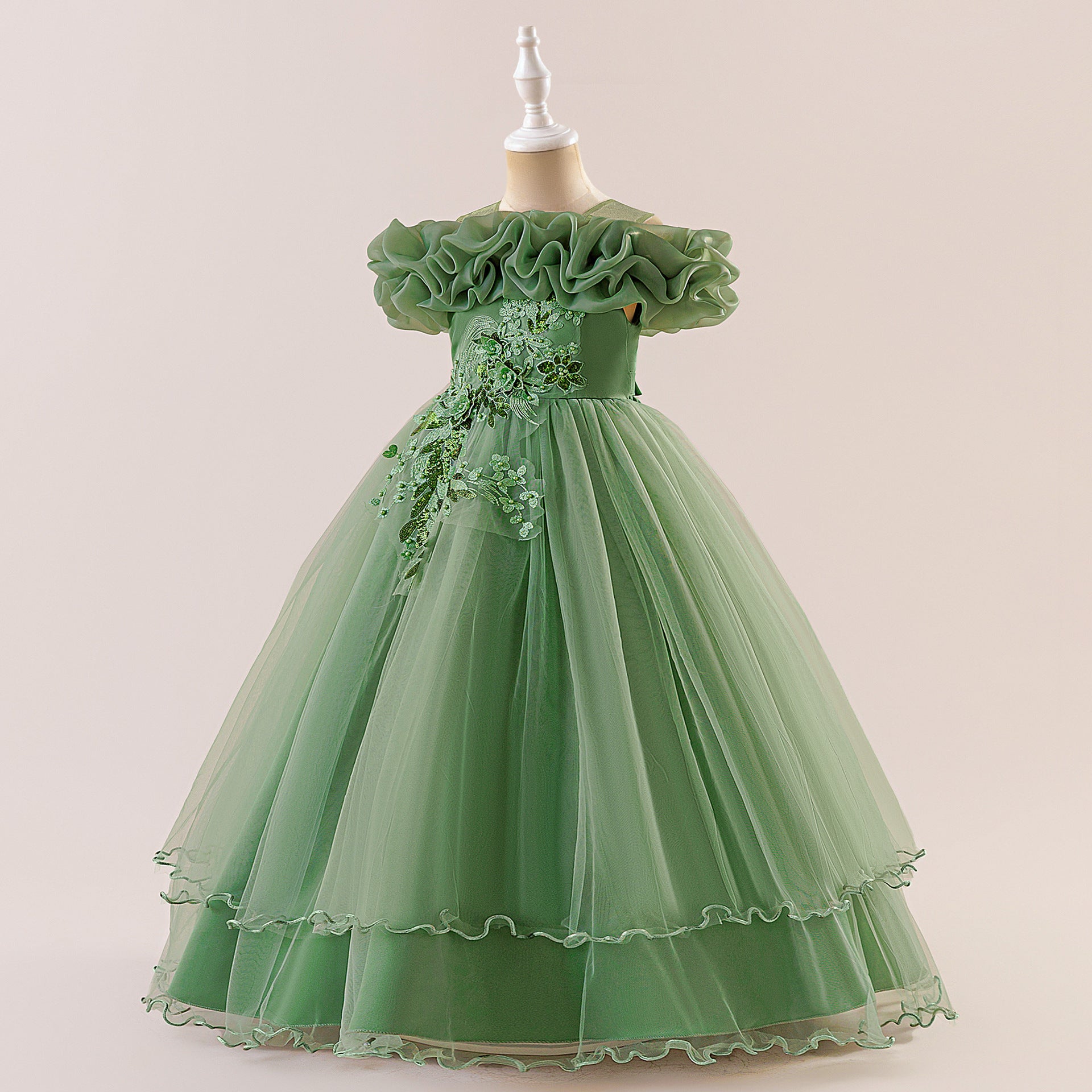 Off Shoulder A-line Tulle Princess Dress for Girls | Maxi Flower Girl Gown